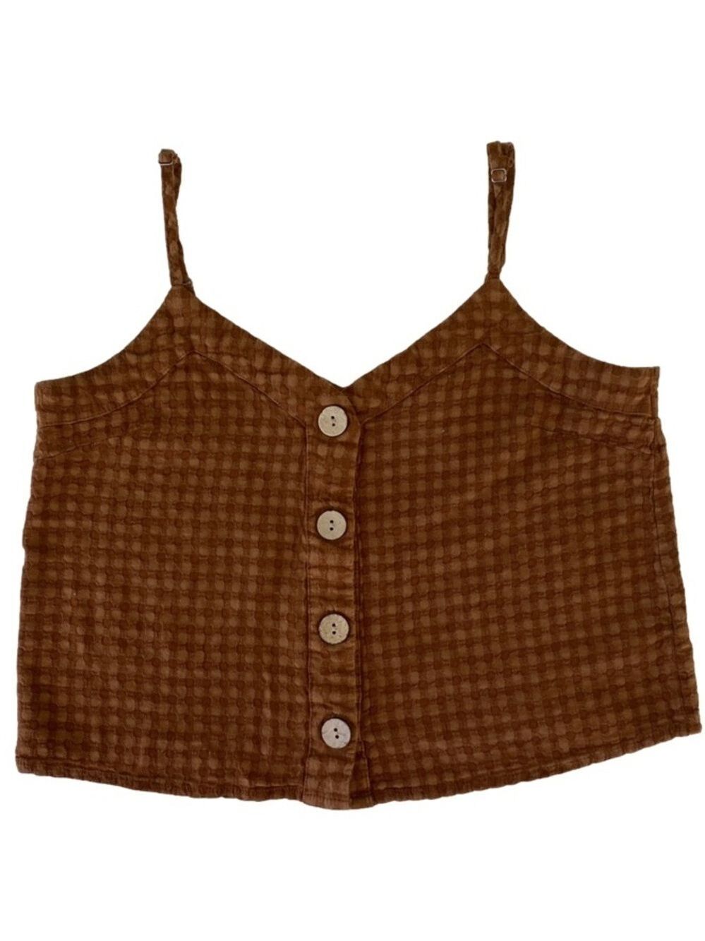 INDIGO Rising Crop Top V-neck Adj Spaghetti Straps Brown Gingham Women’s Med